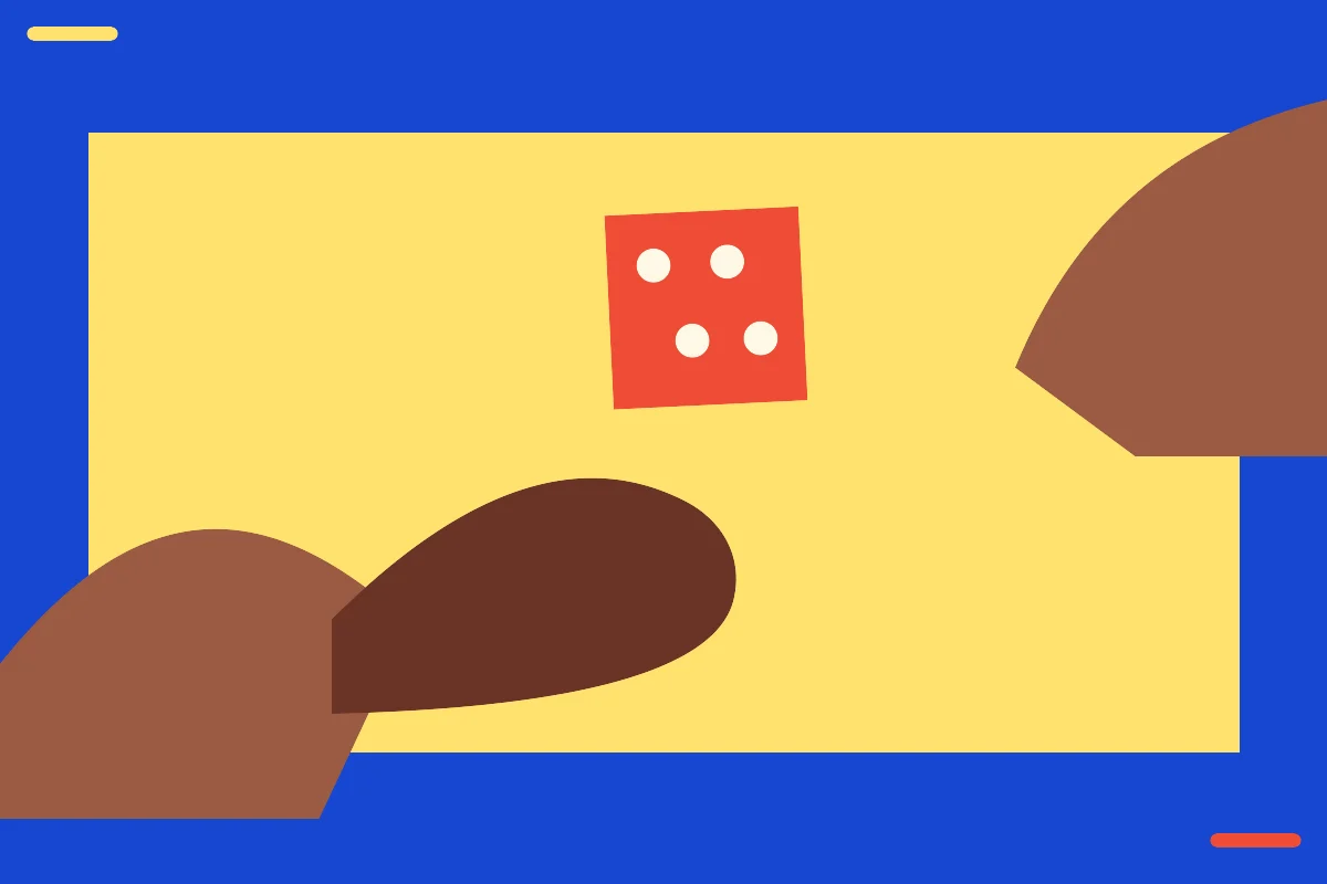 Illustration of a hand rolling a red die across a play table