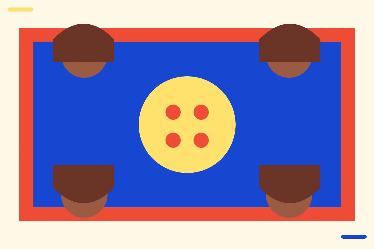 Illustration of friends around a dice table